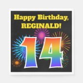 Serviette En Papier Fun Fireworks + Rainbow Motif "14" Anniversaire # (Devant)