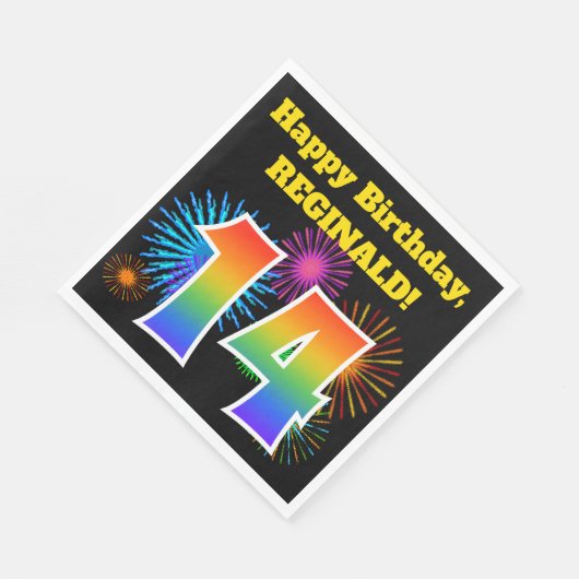 Serviette En Papier Fun Fireworks + Rainbow Motif "14" Anniversaire # (Coin)