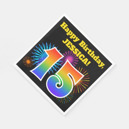 Serviette En Papier Fun Fireworks + Rainbow Motif "15" Anniversaire # (Coin)