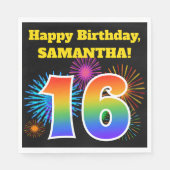 Serviette En Papier Fun Fireworks + Rainbow Motif "16" Anniversaire # (Devant)