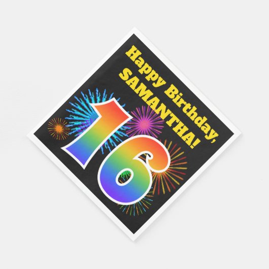 Serviette En Papier Fun Fireworks + Rainbow Motif "16" Anniversaire # (Coin)