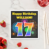 Serviette En Papier Fun Fireworks + Rainbow Motif "17" Anniversaire # (En situation)