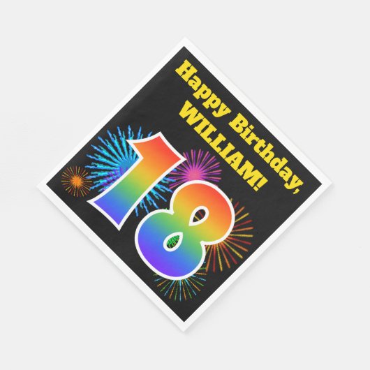 Serviette En Papier Fun Fireworks + Rainbow Motif "18" Anniversaire # (Coin)