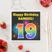 Serviette En Papier Fun Fireworks + Rainbow Motif "19" Anniversaire # (En situation)