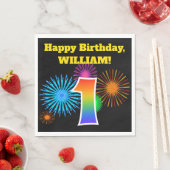 Serviette En Papier Fun Fireworks + Rainbow Motif "1" Anniversaire # (En situation)