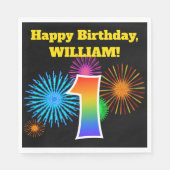 Serviette En Papier Fun Fireworks + Rainbow Motif "1" Anniversaire # (Devant)