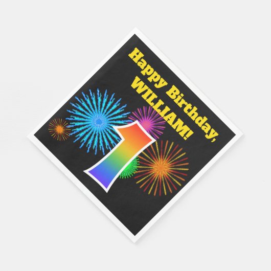 Serviette En Papier Fun Fireworks + Rainbow Motif "1" Anniversaire # (Coin)