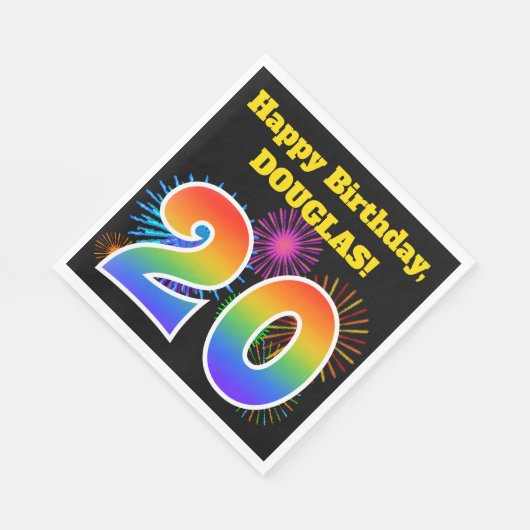 Serviette En Papier Fun Fireworks + Rainbow Motif "20" Anniversaire # (Coin)