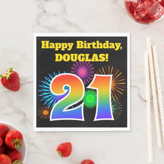 Serviette En Papier Fun Fireworks + Rainbow Motif "21" Anniversaire # (En situation)