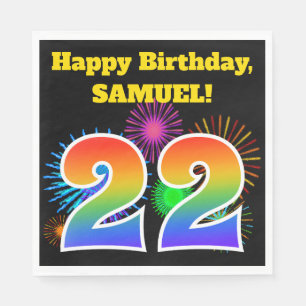 Serviette En Papier Fun Fireworks + Rainbow Motif "22" Anniversaire #