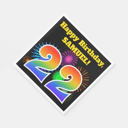 Serviette En Papier Fun Fireworks + Rainbow Motif "22" Anniversaire # (Coin)