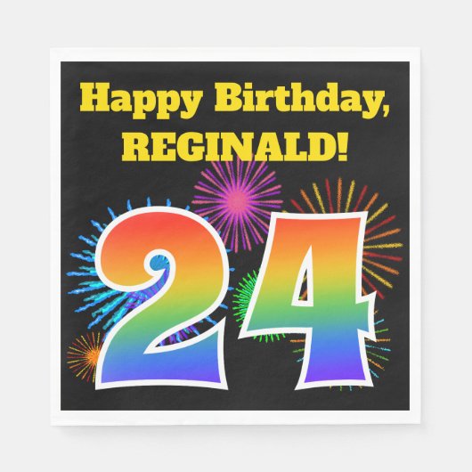Serviette En Papier Fun Fireworks + Rainbow Motif "24" Anniversaire # (Devant)