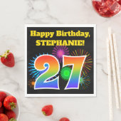 Serviette En Papier Fun Fireworks + Rainbow Motif "27" Anniversaire # (En situation)