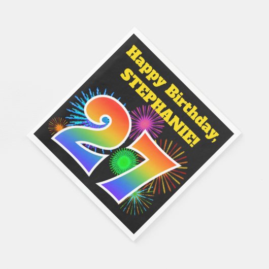 Serviette En Papier Fun Fireworks + Rainbow Motif "27" Anniversaire # (Coin)