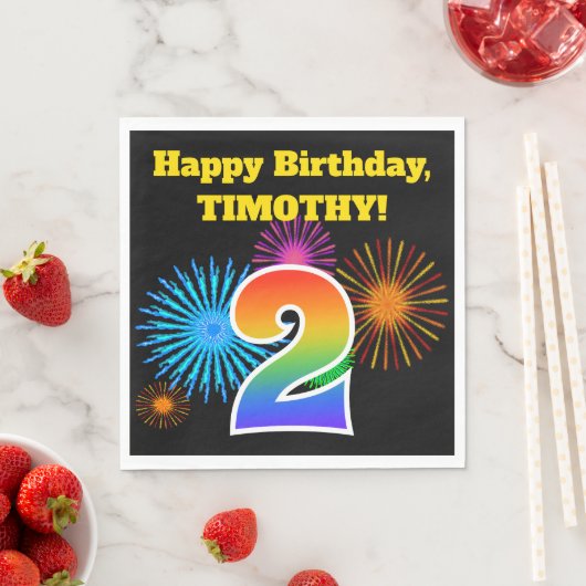Serviette En Papier Fun Fireworks + Rainbow Motif "2" Anniversaire # (En situation)