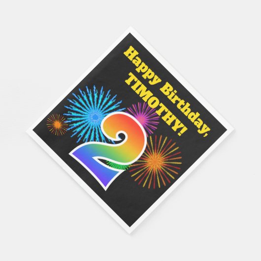 Serviette En Papier Fun Fireworks + Rainbow Motif "2" Anniversaire # (Coin)