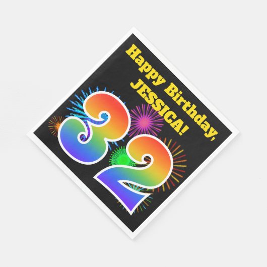 Serviette En Papier Fun Fireworks + Rainbow Motif "32" Anniversaire # (Coin)
