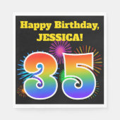 Serviette En Papier Fun Fireworks + Rainbow Motif "35" Anniversaire # (Devant)