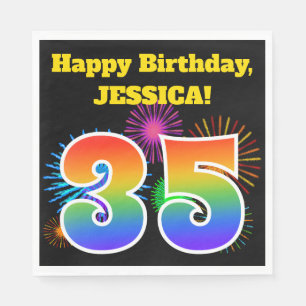 Serviette En Papier Fun Fireworks + Rainbow Motif "35" Anniversaire #