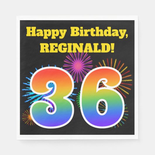Serviette En Papier Fun Fireworks + Rainbow Motif "36" Anniversaire # (Devant)