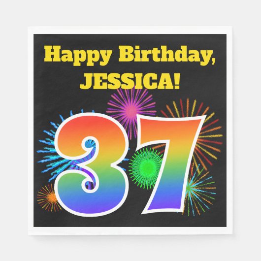 Serviette En Papier Fun Fireworks + Rainbow Motif "37" Anniversaire # (Devant)