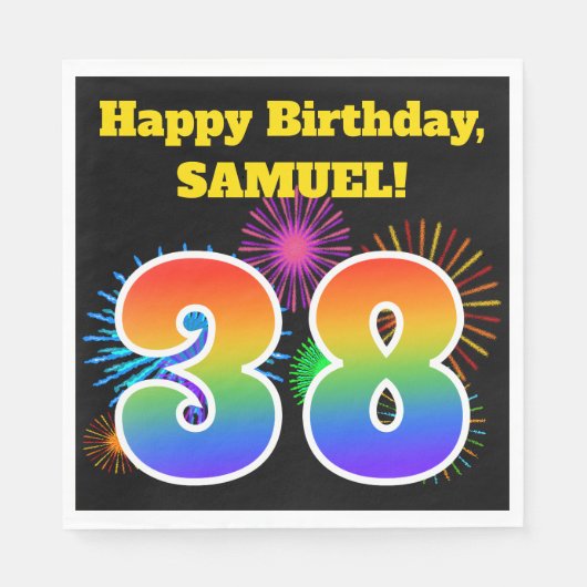 Serviette En Papier Fun Fireworks + Rainbow Motif "38" Anniversaire # (Devant)