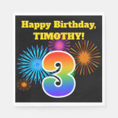 Serviette En Papier Fun Fireworks + Rainbow Motif "3" Anniversaire # (Devant)