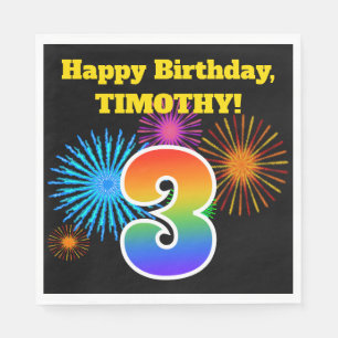 Serviette En Papier Fun Fireworks + Rainbow Motif "3" Anniversaire #