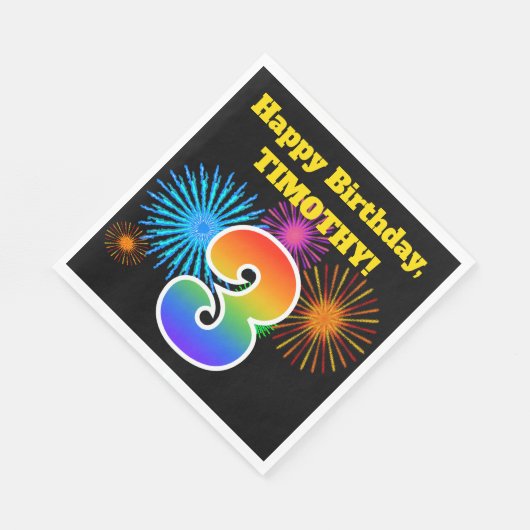 Serviette En Papier Fun Fireworks + Rainbow Motif "3" Anniversaire # (Coin)