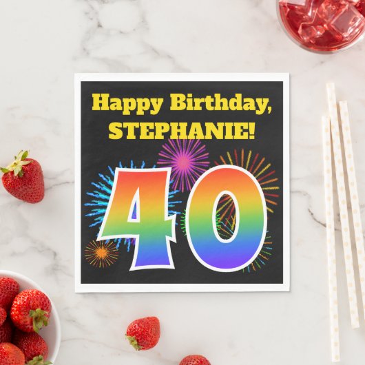 Serviette En Papier Fun Fireworks + Rainbow Motif "40" Anniversaire # (En situation)