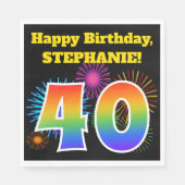 Serviette En Papier Fun Fireworks + Rainbow Motif "40" Anniversaire # (Devant)