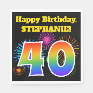 Serviette En Papier Fun Fireworks + Rainbow Motif "40" Anniversaire #