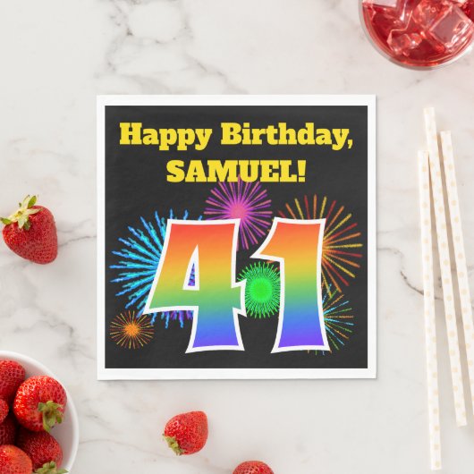 Serviette En Papier Fun Fireworks + Rainbow Motif "41" Anniversaire # (En situation)