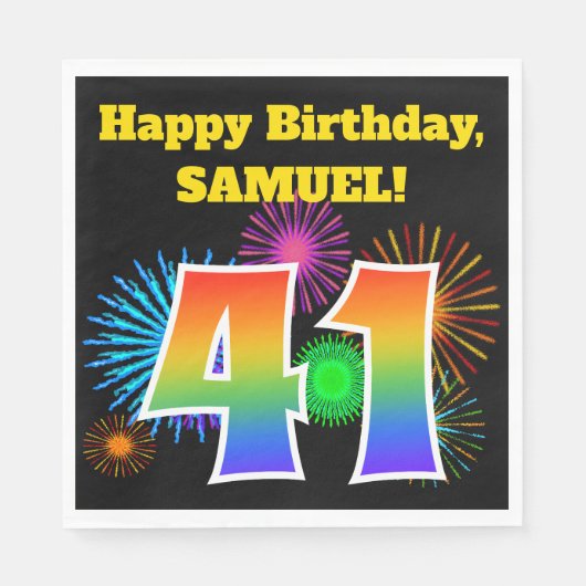 Serviette En Papier Fun Fireworks + Rainbow Motif "41" Anniversaire # (Devant)
