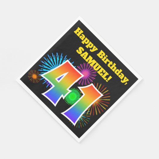 Serviette En Papier Fun Fireworks + Rainbow Motif "41" Anniversaire # (Coin)