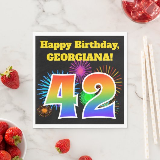 Serviette En Papier Fun Fireworks + Rainbow Motif "42" Anniversaire # (En situation)