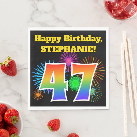 Serviette En Papier Fun Fireworks + Rainbow Motif "47" Anniversaire # (En situation)