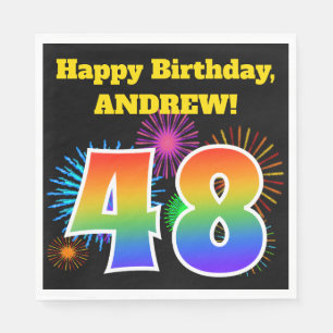 Serviette En Papier Fun Fireworks + Rainbow Motif "48" Anniversaire #