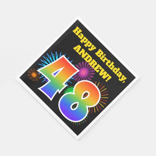 Serviette En Papier Fun Fireworks + Rainbow Motif "48" Anniversaire # (Coin)
