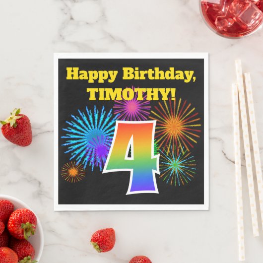 Serviette En Papier Fun Fireworks + Rainbow Motif "4" Anniversaire # (En situation)