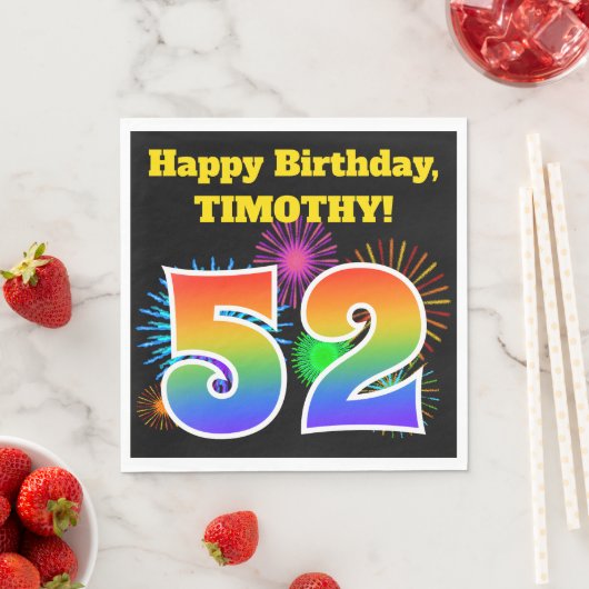 Serviette En Papier Fun Fireworks + Rainbow Motif "52" Anniversaire # (En situation)