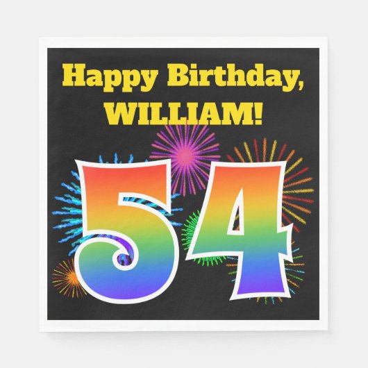 Serviette En Papier Fun Fireworks + Rainbow Motif "54" Anniversaire # (Devant)