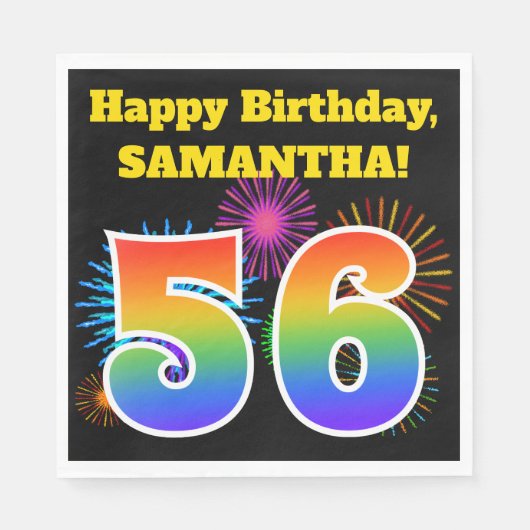 Serviette En Papier Fun Fireworks + Rainbow Motif "56" Anniversaire # (Devant)