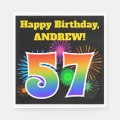 Serviette En Papier Fun Fireworks + Rainbow Motif "57" Anniversaire # (Devant)