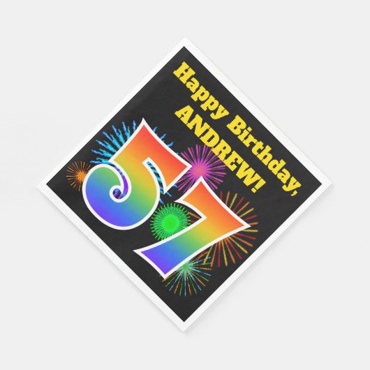 Serviette En Papier Fun Fireworks + Rainbow Motif "57" Anniversaire # (Coin)
