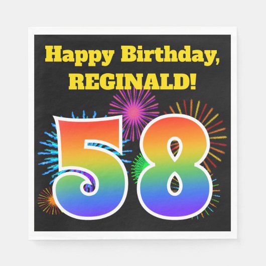 Serviette En Papier Fun Fireworks + Rainbow Motif "58" Anniversaire # (Devant)