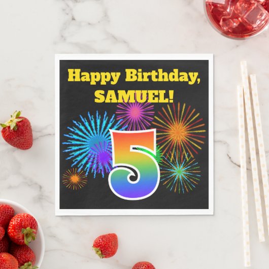 Serviette En Papier Fun Fireworks + Rainbow Motif "5" Anniversaire # (En situation)