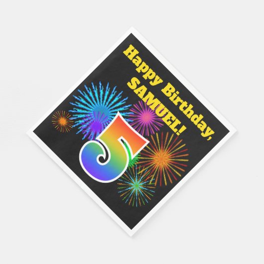 Serviette En Papier Fun Fireworks + Rainbow Motif "5" Anniversaire # (Coin)