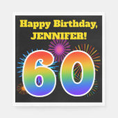 Serviette En Papier Fun Fireworks + Rainbow Motif "60" Anniversaire # (Devant)