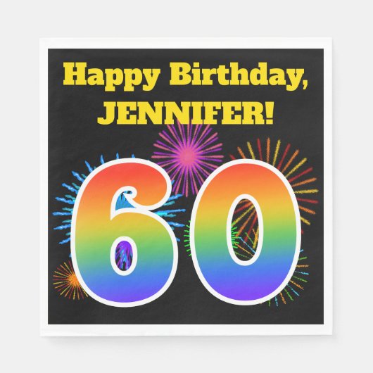 Serviette En Papier Fun Fireworks + Rainbow Motif "60" Anniversaire # (Devant)